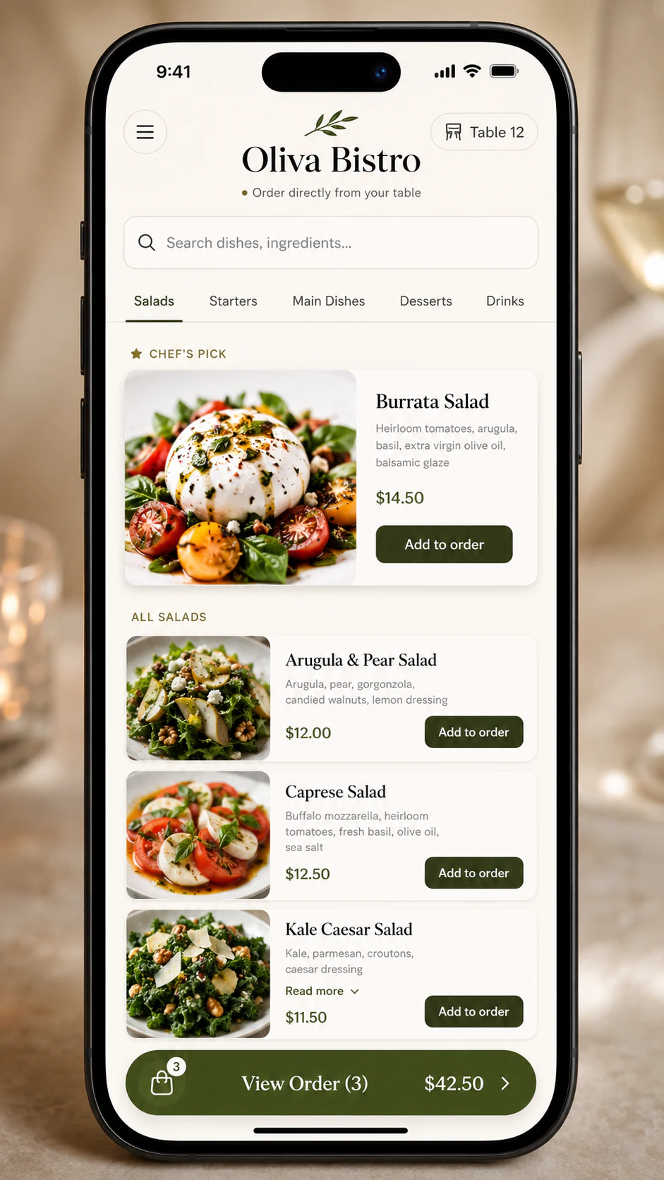 Tably mobile menu with dish photography, categories and table ordering